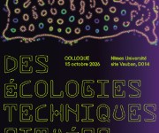 Titre du colloque sur un fond en dégradé violet avec des petits points de couleurs fluorescents