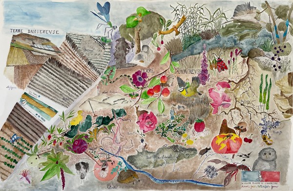 Carte de Tendre, Terres amoureuses : Férale, fresque aquarelle 150 x 100 cm, Stéphanie Sagot pour le Nouveau Ministère de l'Agriculture, 2023