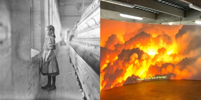 Photo N/B  Lewis W. Hine, Lincolnton, North Carolina, 1908.     Photo couleur  François Bellabas, An electronic legacy, 2018-2024,  Installation (vue partielle, Prix découverte Fondation Louis Roederer, Arles 2024).